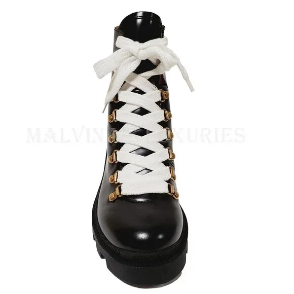 GUCCI BOOTS LACE-UP BLACK LEATHER ANKLE BOOTIE RUBBER LUG SOLE sz 37.5 / 7.5